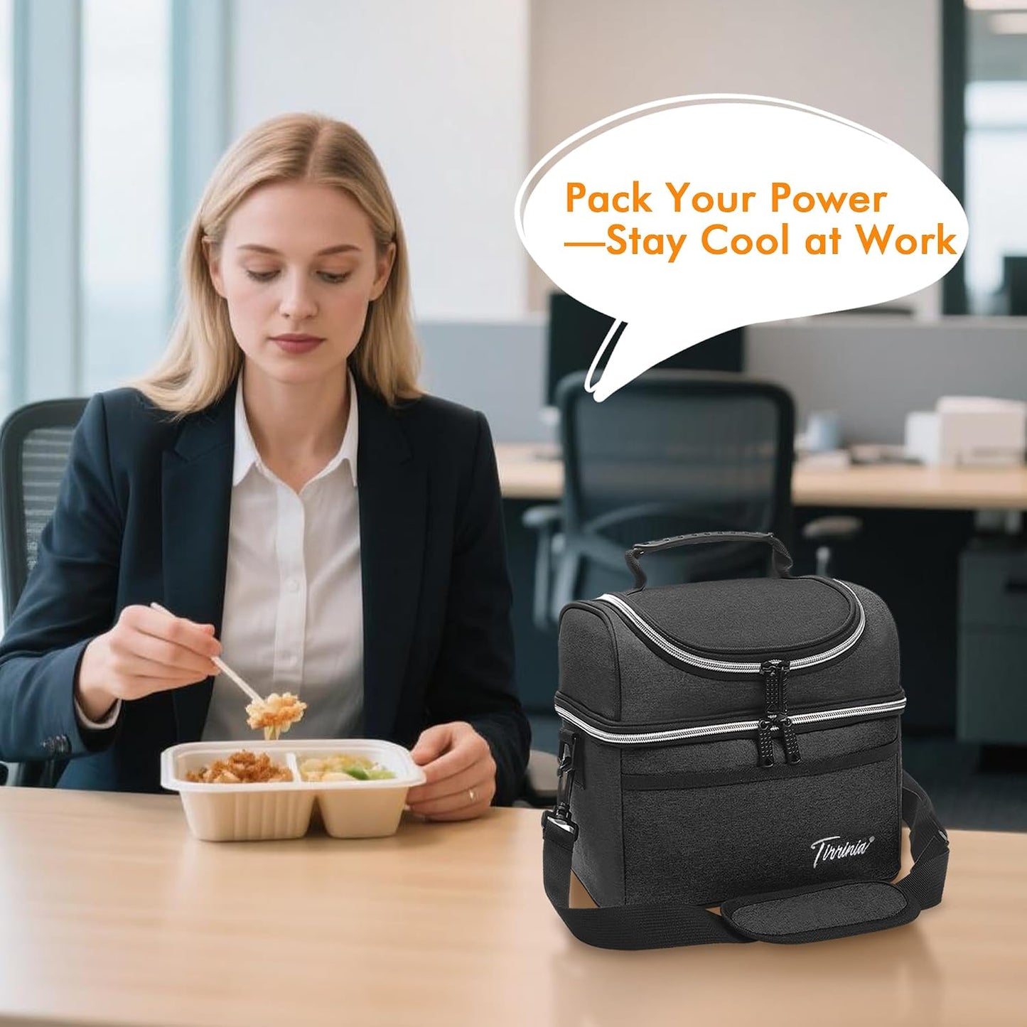 Tirrinia Reusable Lunch Box for Men Women, Insulated Lunch Bag Adult Work, Double Decker Leakproof Lunchbox for Office Picnic Beach—Dual Compartment Lunch Cooler Bag