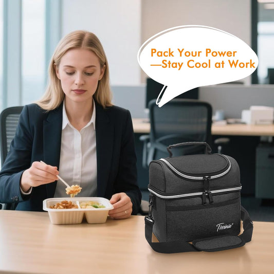Tirrinia Reusable Lunch Box for Men Women, Insulated Lunch Bag Adult Work, Double Decker Leakproof Lunchbox for Office Picnic Beach—Dual Compartment Lunch Cooler Bag