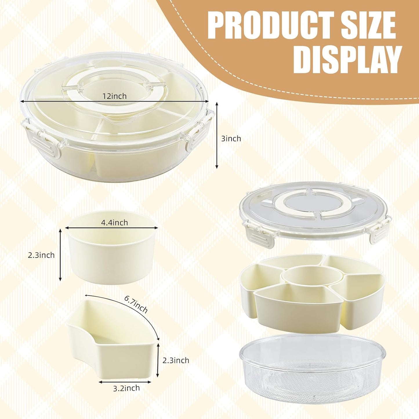 Rotating Serving Tray with Lid & Handle, 6-Section Snackle Box Organizer, Portable Lazy Susan Snack Container for Candy, Fruit, Veggies, Party, Picnic & Travel (milky white)