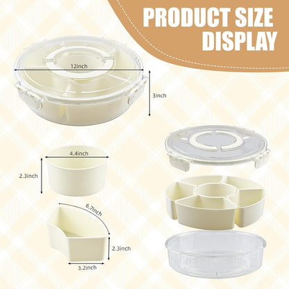 Rotating Serving Tray with Lid & Handle, 6-Section Snackle Box Organizer, Portable Lazy Susan Snack Container for Candy, Fruit, Veggies, Party, Picnic & Travel (milky white)
