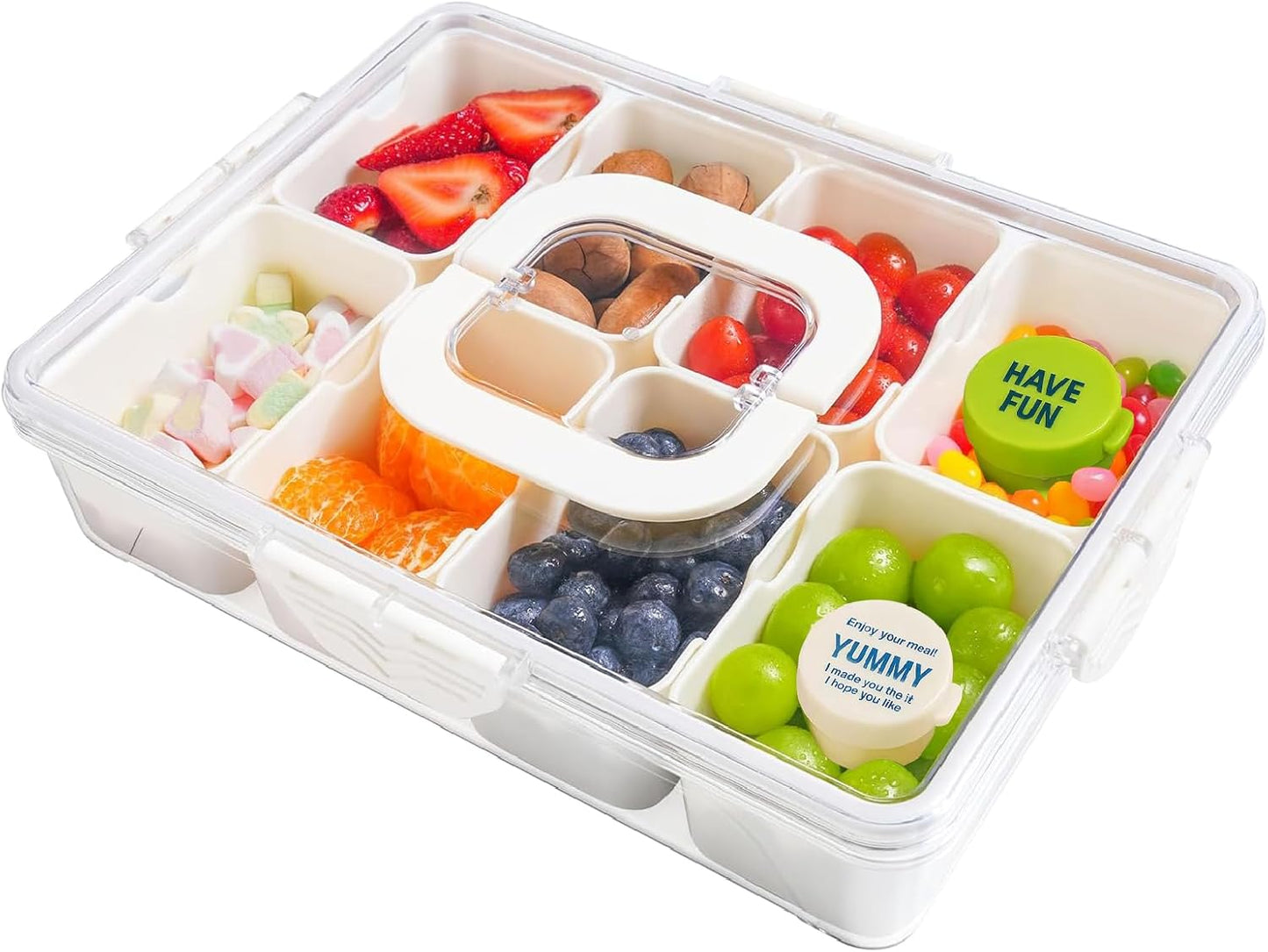 Snackle Box Container, 8-Compartment Divided Serving Tray with Lid & 2 Dip Cornus, Portable Snack Tray & Christmas Charcuterie Container for Parties, Road Trips & Airplane Snacks