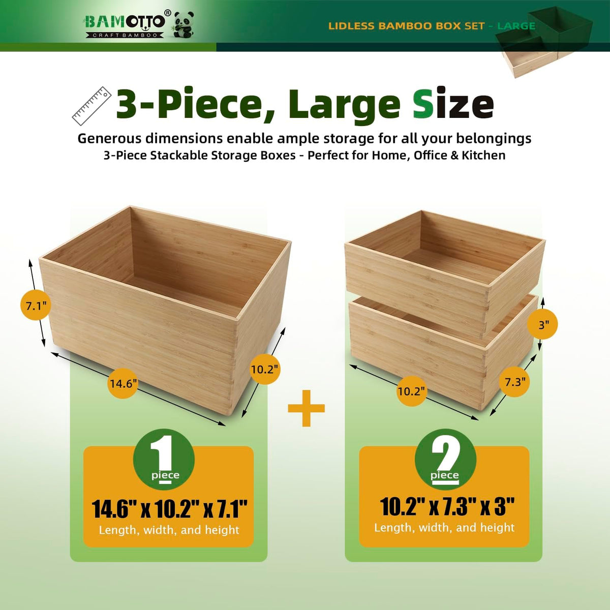 BAMOTTO CRAFTBAMBOO 2-Piece Large Bamboo Storage Box Set - 7.1in High Stackable Deep-Drawer Organizer, Lidless Bin for Kitchen Cutlery Utensils, Home & Office (14.6"x10.2"x7.1"+14.6"x10.2"x3.1")
