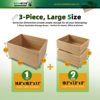 BAMOTTO CRAFTBAMBOO 2-Piece Large Bamboo Storage Box Set - 7.1in High Stackable Deep-Drawer Organizer, Lidless Bin for Kitchen Cutlery Utensils, Home & Office (14.6"x10.2"x7.1"+14.6"x10.2"x3.1")