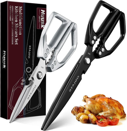 HUUSK Kitchen Scissors Set Silver - Upgraded Stainless Steel Kitchen Shear, Sharp Meat Scissors Dishwasher Safe, Heavy Duty Poultry Shears, Japanese Cooking Scissor for Food, Christmas Gifts for Women