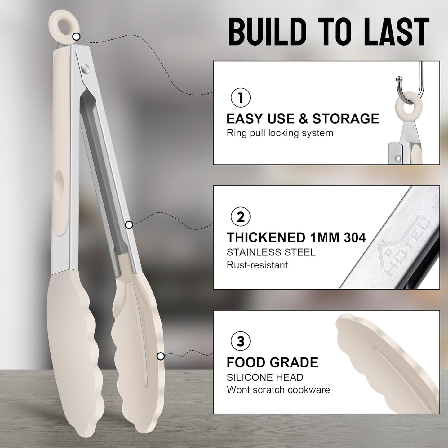 HOTEC Premium Stainless Steel Locking Kitchen Tongs with Silicon Tips, Set of 2-9" and 12"