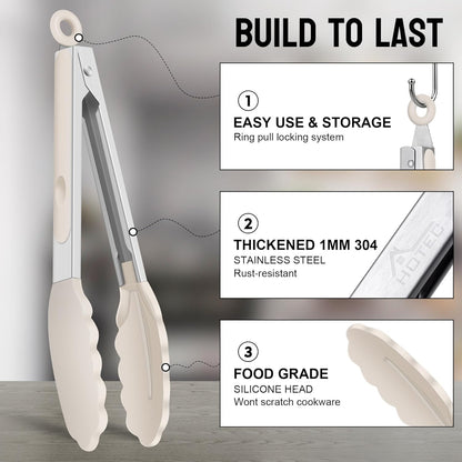 HOTEC Premium Stainless Steel Locking Kitchen Tongs with Silicon Tips, Set of 2-9" and 12"