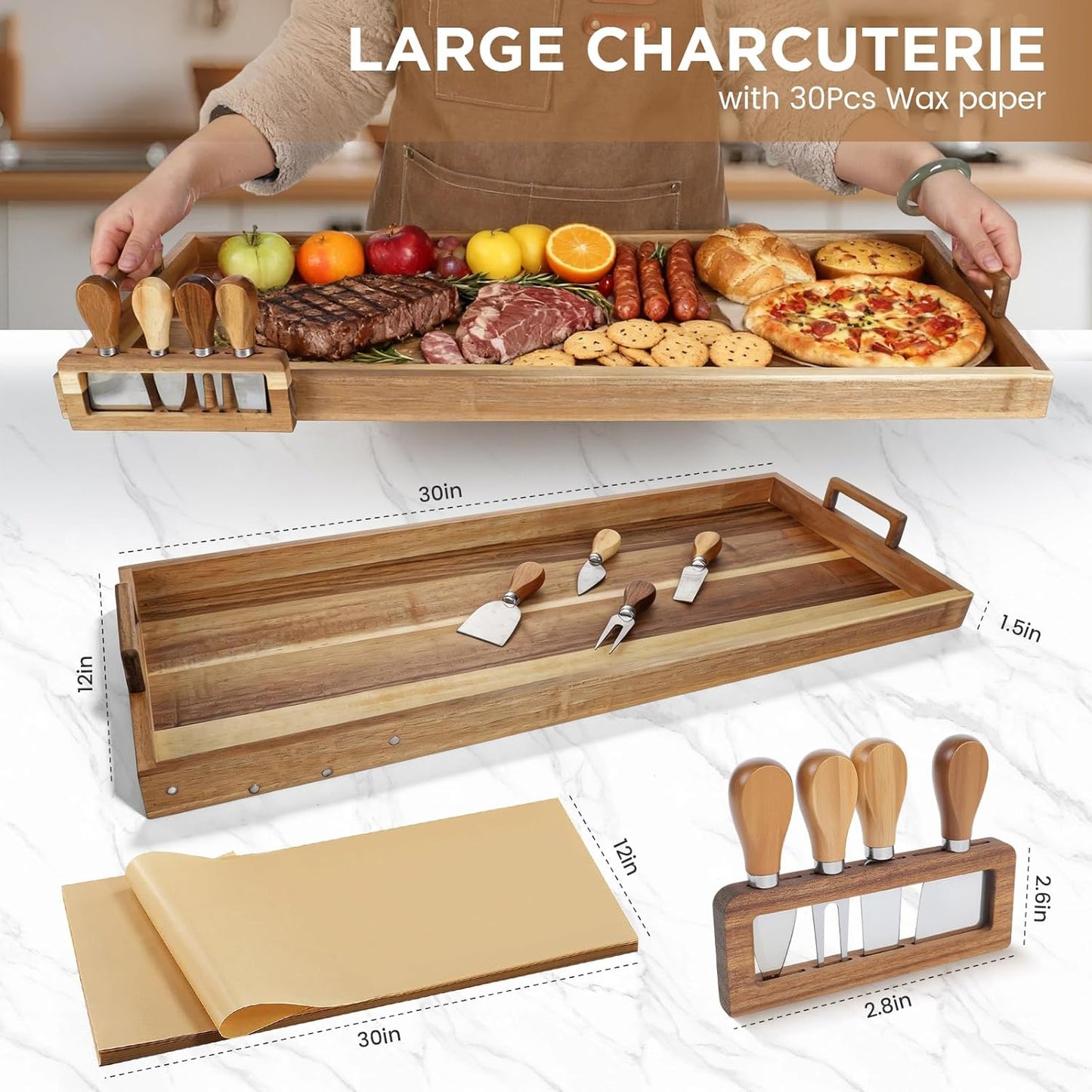 Large Charcuterie Board with Cheese Knife Set,36 x 12 Inch Acacia Wood Large Serving Tray with Handles,Long Wooden Serving Board with 30Pcs Wax Paper,3ft Extra Long Cheese Board