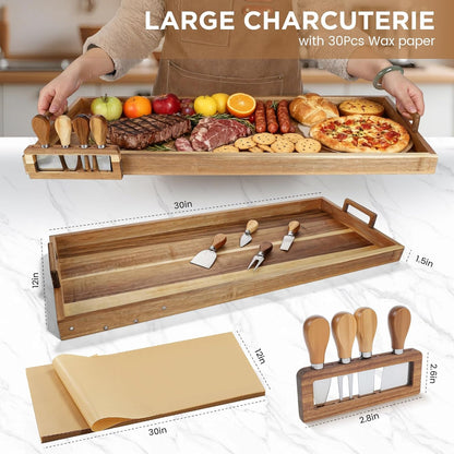 Large Charcuterie Board with Cheese Knife Set,36 x 12 Inch Acacia Wood Large Serving Tray with Handles,Long Wooden Serving Board with 30Pcs Wax Paper,3ft Extra Long Cheese Board