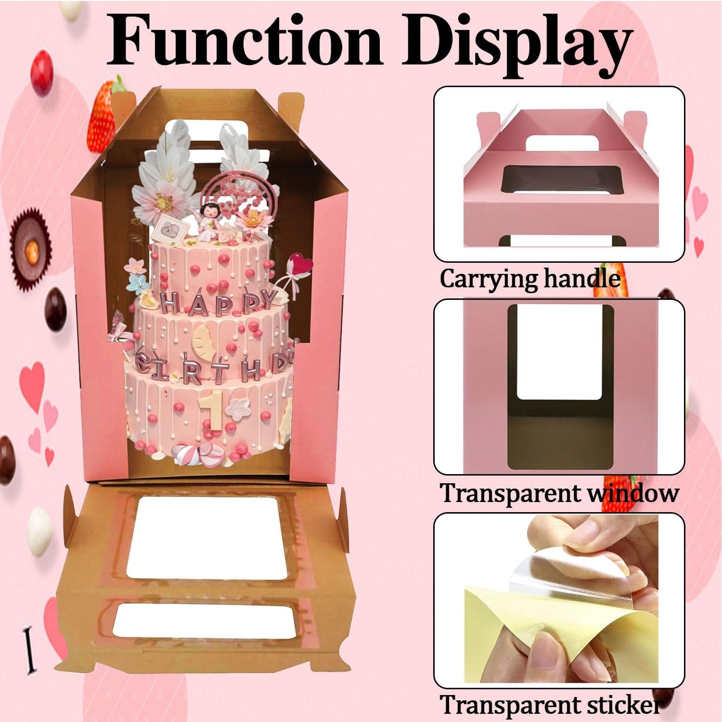 Cake Boxes - 2 Pack Tall Cake Box 12x12x14 Inch Disposable Layer Carrier with Window Large Tierd Cake Out Transport Containers with Handle for Wedding, Birthday, Party (White)