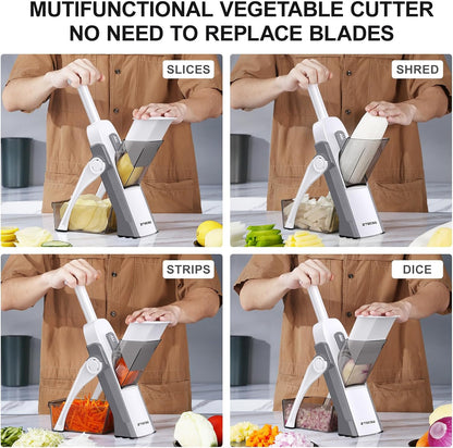 [7 in 1 ] Vegetable Slicer for Kitchen, Safe Mandoline Slicer, Adjustable Veggie Potato French Fry Cutter, Wider Tray & Stainless Steel Grater & Filter Basket & Lid & Cleaning Brush (Gray Pro)