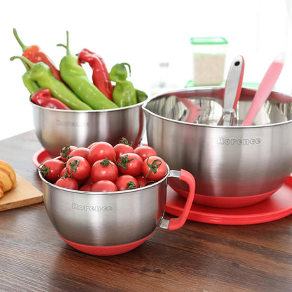 Rorence Stainless Steel Mixing Bowls: Metal Mixing Bowl Set with Lids and Handles Non-slip Silicone Bottom Nesting Bowls for Kitchen Set of 3 - Red