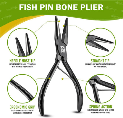 Fish Bone Pliers/Tweezers – Serrated Jaw Plier + Flat & Slant Tweezers | Stainless Steel Pin Bone Remover & Deboning Tools for Salmon, Trout & All Seafood