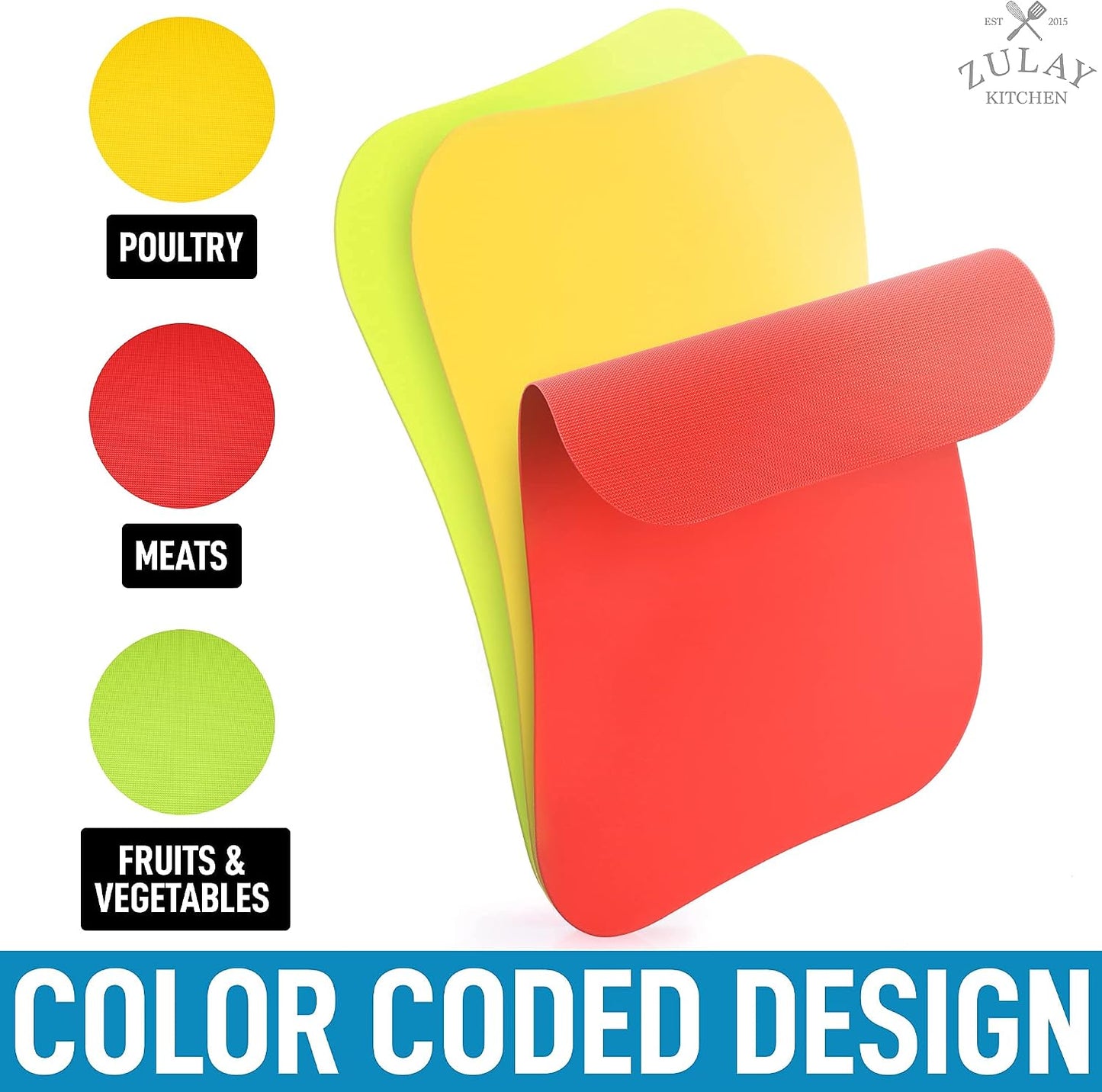 Zulay Kitchen Non-Slip Flexible Cutting Board Set - Dishwasher Friendly Cutting Mats For Cooking - Thick & Durable Flexible Cutting Mats - Non-Porous Cutting Board Mat Set of 3