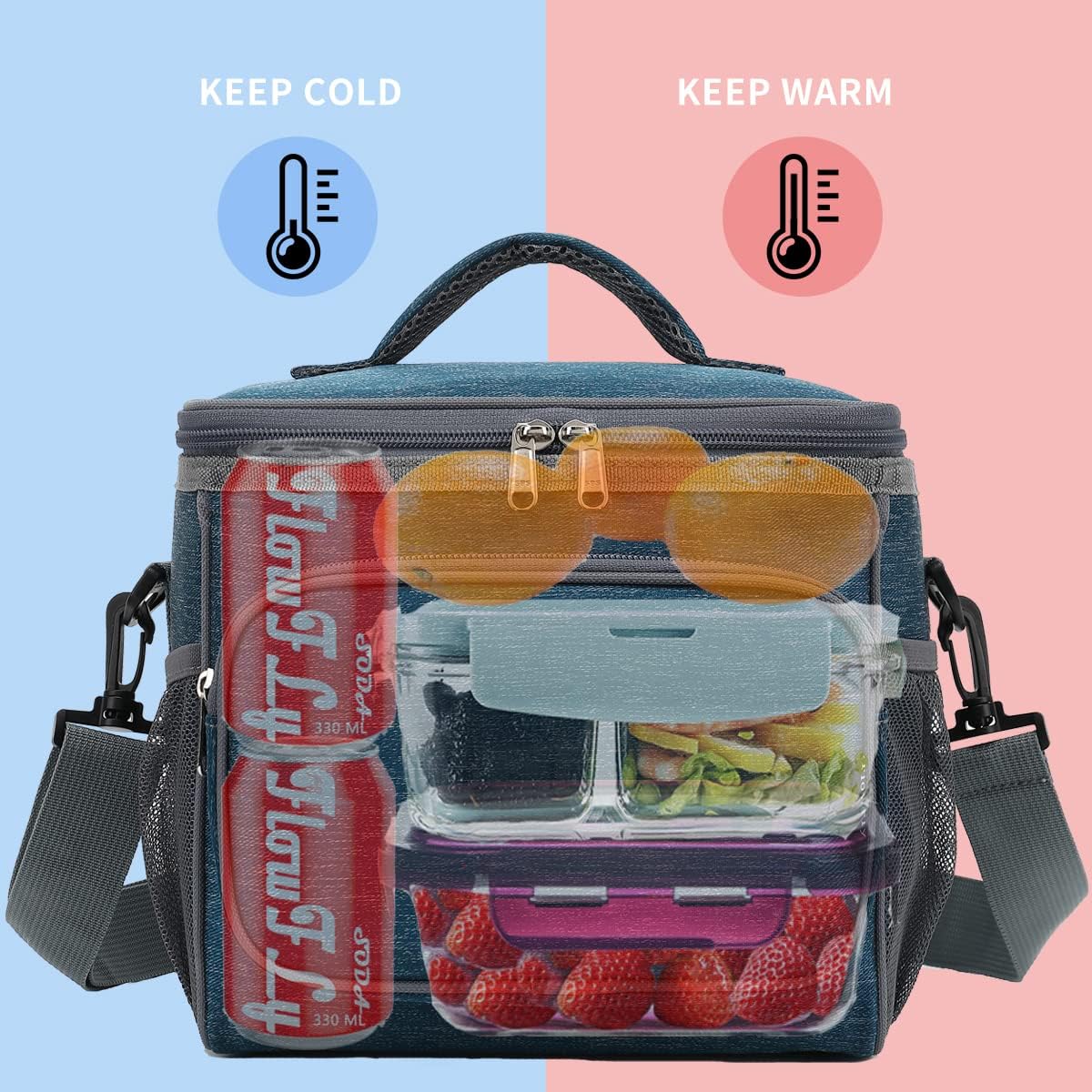 FlowFly Insulated Reusable Lunch Bag Adult Large Lunch Box for Women and Men with Adjustable Shoulder Strap,Front Zipper Pocket and Dual Large Mesh Side Pockets,Cherry - Colors A