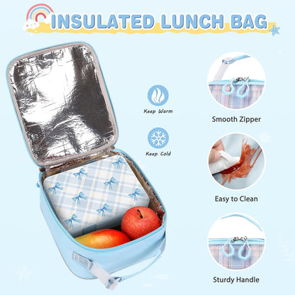 ACESAK Backpack for Girls - Bento Box with Insulated Lunch Bag Pencil Case & Utensils Set for Kids, 4 Leakproof Compartments Removable Tray Lunches or Snack Container for School (Black Purple)