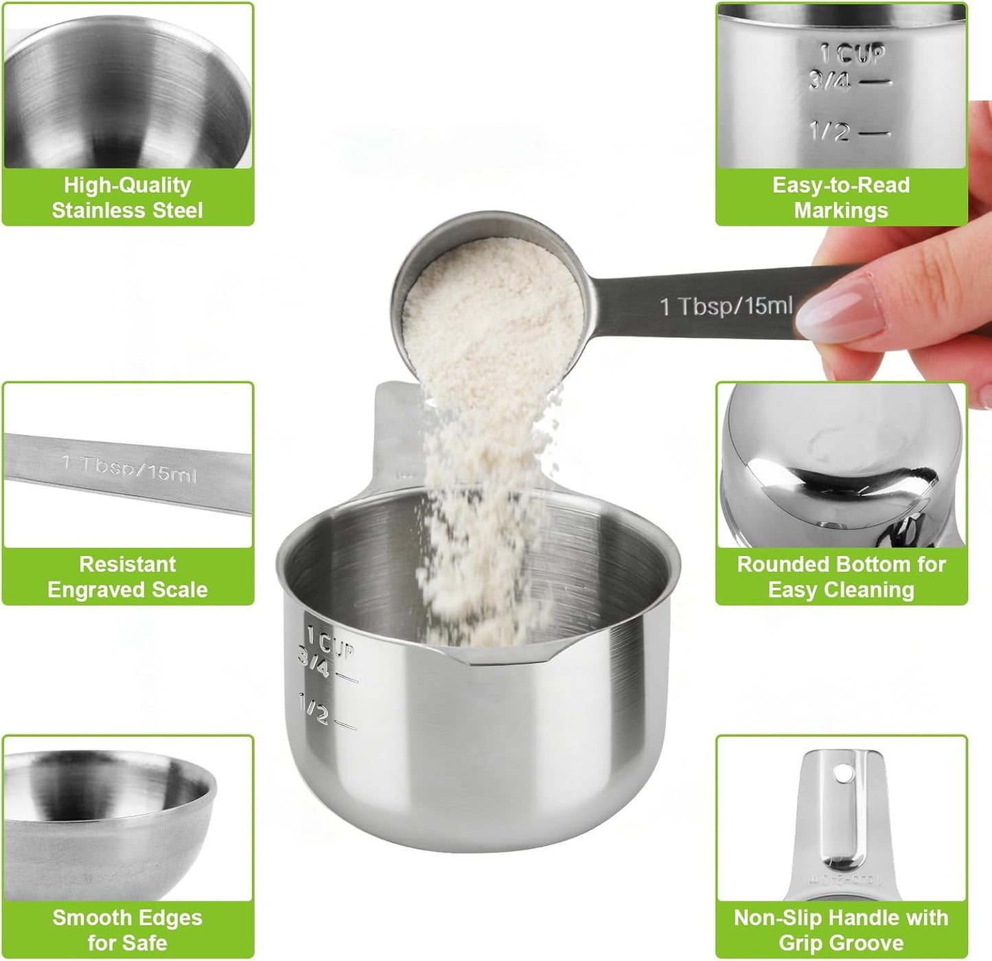 Stainless Steel Measuring Cups and Spoons Set of 10, Nesting Measuring Cup Set - 4 Cups 6 Spoons, Stackable Measure Cup Spoon Set for Dry & Liquid,Dishwasher Safe Kitchen Tools Cooking Baking Supplies
