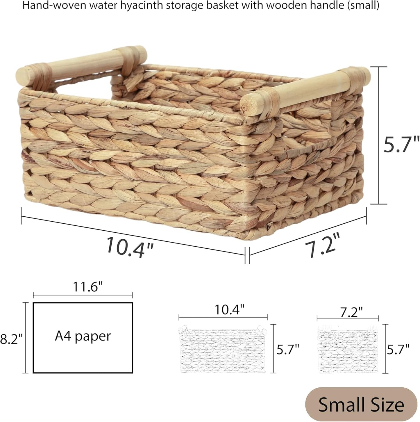 Water Hyacinth Wicker Storage Basket, Rectangular Handwoven Shelf Organizer with Wooden Handles for Pantry & Closet (Medium)
