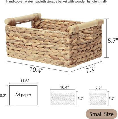 Water Hyacinth Wicker Storage Basket, Rectangular Handwoven Shelf Organizer with Wooden Handles for Pantry & Closet (Medium)