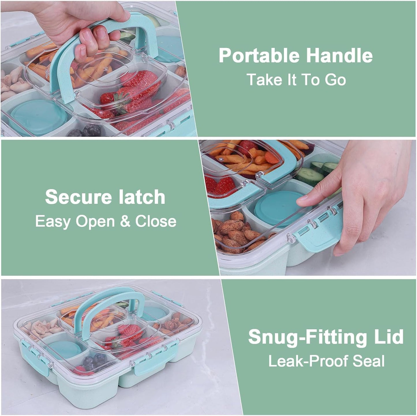 Large Snackle Box Container with 2 Sauce Cups, 8-Compartment Divided Serving Tray with Lid & Handle, Portable Snack Tray for Travel Picnic, Leak-Proof, Dishwasher Safe, BPA-Free