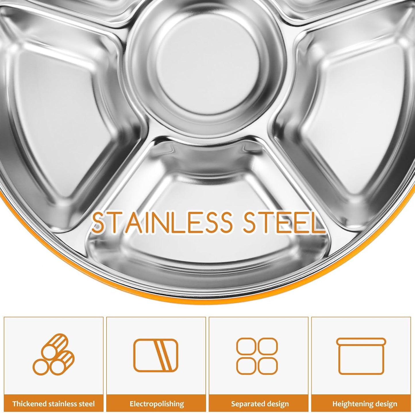 Toyvian Stainless Steel Divided Serving Tray with Lid 6-Compartment Veggie Tray Fruit Platter Snack Containers for Family Gatherings Picnics 10.23X10.23X2.16In