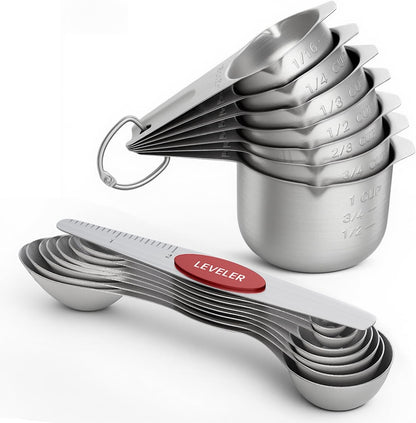 ChefAide Pack of 8 Stainless Steel Magnetic Measuring Spoons Set, Dual Sided, Stackable, Adjustable Teaspoon and Tablespoon Measure Spoon with Leveler, Kitchen Gadgets