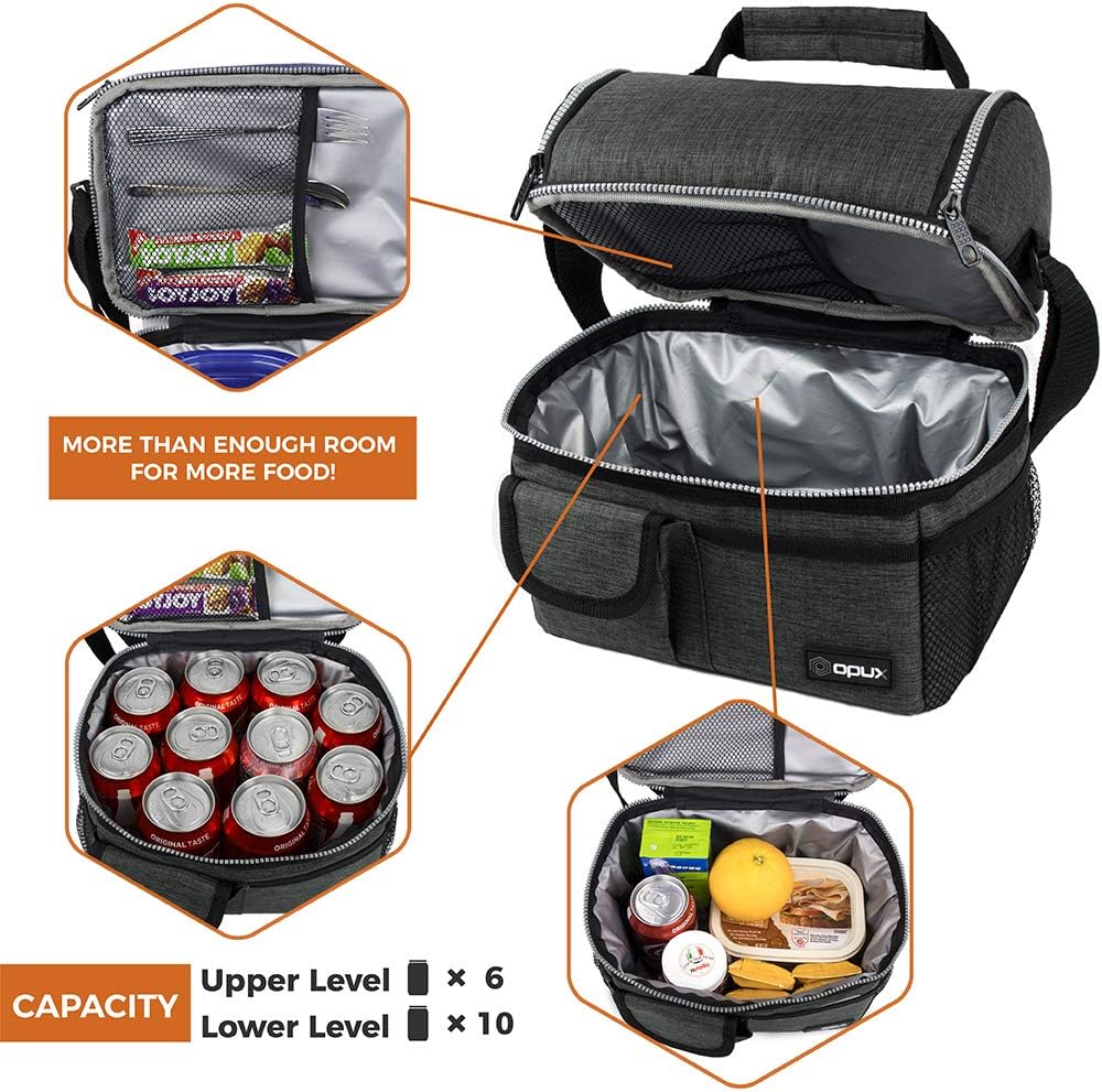 opux Insulated Lunch Bag Women Men, Dual Compartment Leakproof Lunch Box Adults Kids, Double Decker Meal Prep Bento Lunch Cooler Tote with Shoulder Strap for Work Office School Travel, Floral Purple