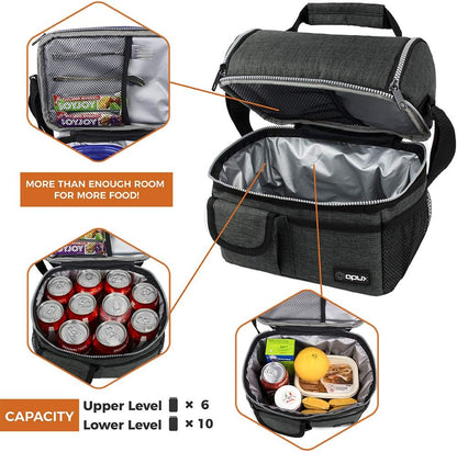 opux Insulated Lunch Bag Women Men, Dual Compartment Leakproof Lunch Box Adults Kids, Double Decker Meal Prep Bento Lunch Cooler Tote with Shoulder Strap for Work Office School Travel, Floral Purple