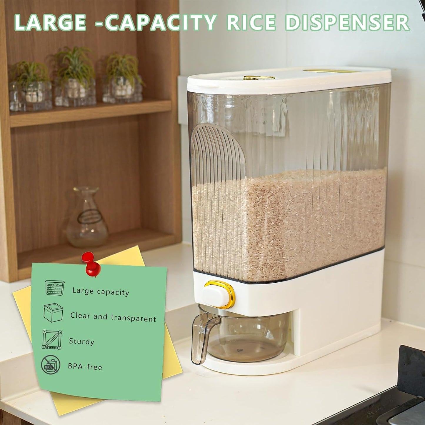 Rice Storage Container 10kg, Clear Food Grain Dispenser with Date Dial & Measuring Cup, Space-Saving Organizer for Rice, Cereal, Pet Food, Pasta