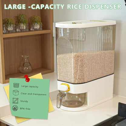Rice Storage Container 10kg, Clear Food Grain Dispenser with Date Dial & Measuring Cup, Space-Saving Organizer for Rice, Cereal, Pet Food, Pasta