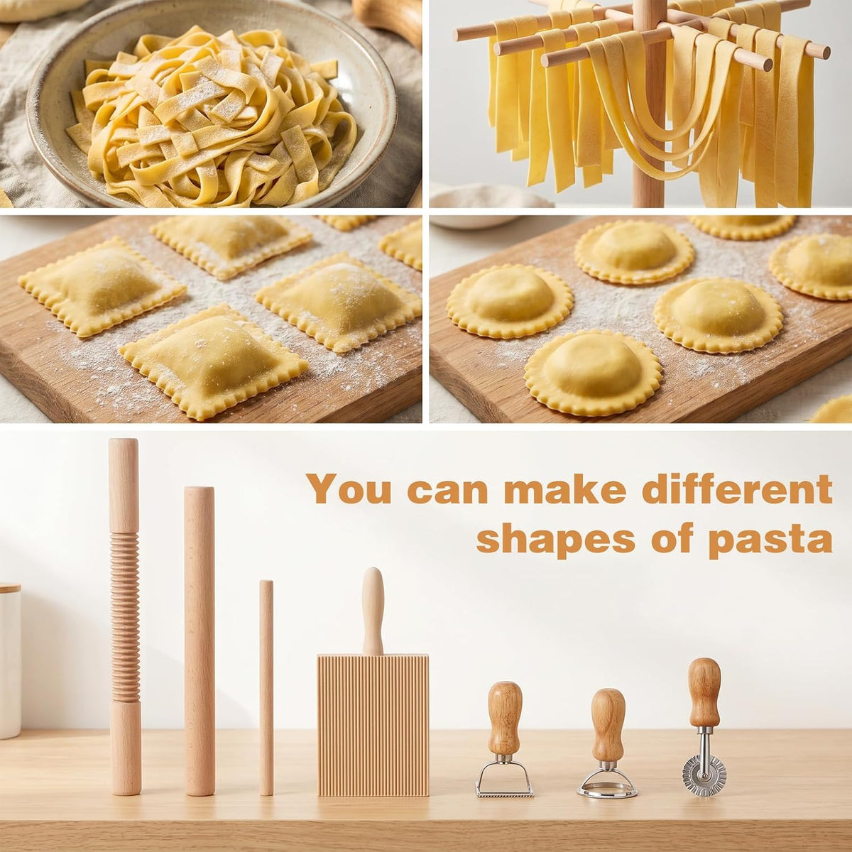 Pasta Making Tools 7Pcs Wood Gnocchi Board Ravioli Stamp Roller