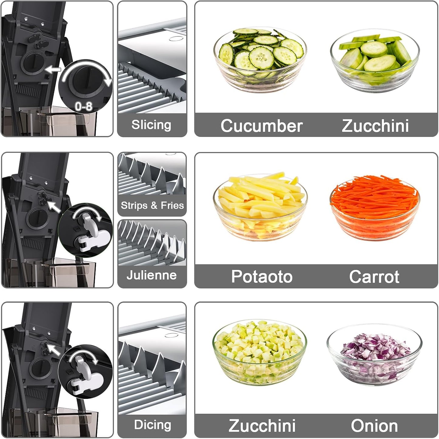 Jonscook All-in-1 Update Safe Mandoline Slicer for Kitchen, Food Chopper with Container, Thickness Adjustable Vegetable Chopper, Potato French Fry Cutter Tomato Apple Slicer Onion (BlackKnight)