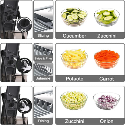 Jonscook All-in-1 Update Safe Mandoline Slicer for Kitchen, Food Chopper with Container, Thickness Adjustable Vegetable Chopper, Potato French Fry Cutter Tomato Apple Slicer Onion (BlackKnight)