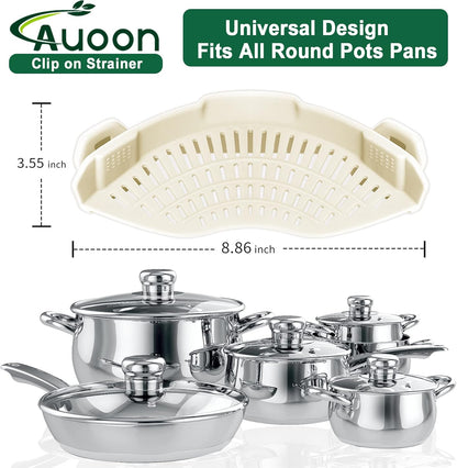AUOON Clip On Strainer Silicone for All Pots and Pans, Pasta Strainer Clip on Food Strainer for Meat Vegetables Fruit Silicone Kitchen Colander