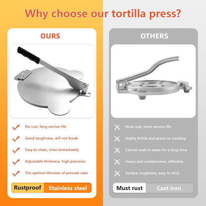 Tortilla Press Stainless Steel，SELERS,Heavy Duty, Adjustable To Press Different Thickness Of Crust, Removable, For Flour Tortilla, Roti, Flatbreads, Taco, Pie, Silver (10.5 inch)