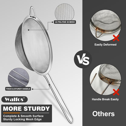 Walfos 6.3 Inch Fine Mesh Strainer, Premium Stainless Steel Sieve and Sifter with Handle, Kitchen Metal Strainers for Rice, Quinoa, Fruits, Noodles, Flour