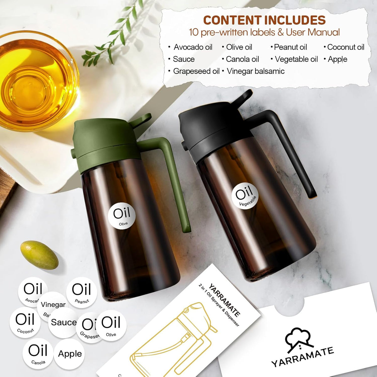 YARRAMATE 16oz/470ml Light-Blocking Dark Oil Sprayer for Cooking (Black)