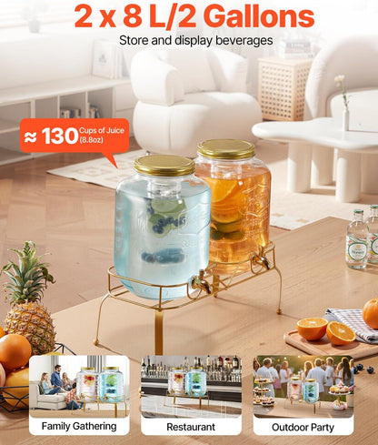 VEVOR Beverage Dispenser, 3 Pack 2 Gallon Drink Dispensers for Parties, Glass Juice Dispenser with Metal Stand, Stainless Steel Spigot, Infuser, Iced Tea Lemonade Juice Water Dispensers for Parties