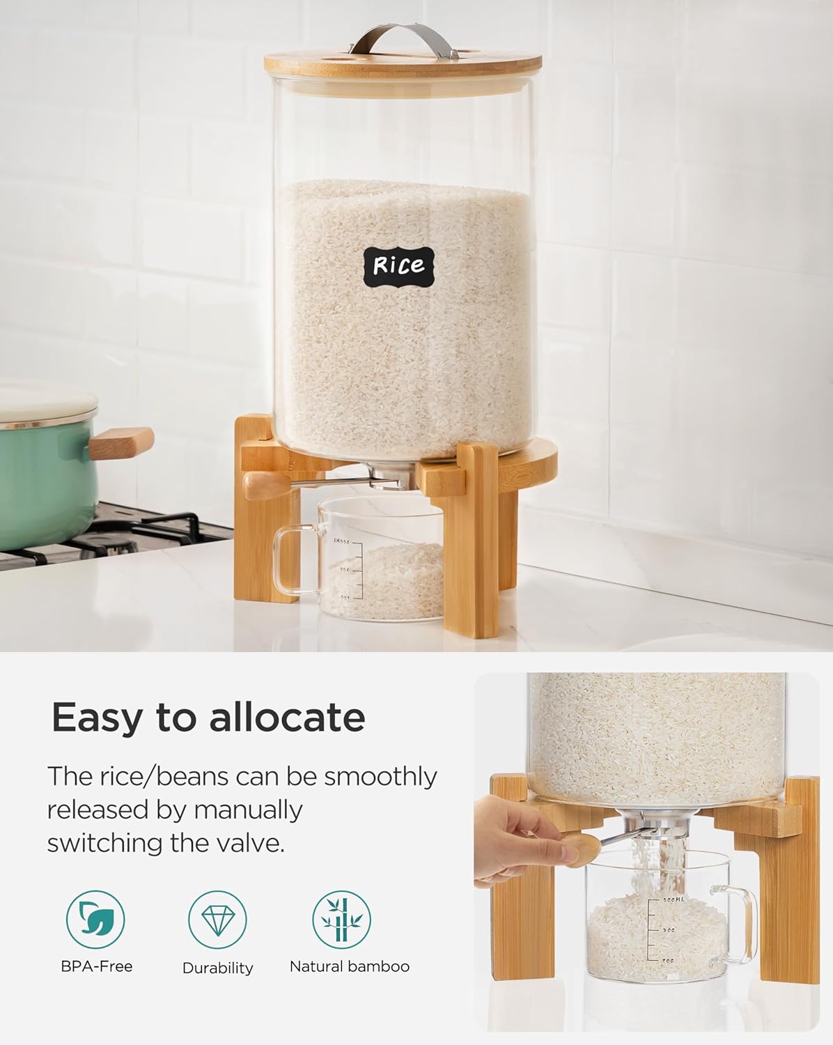 5-7 lbs Glass Rice Dispenser with Wooden Stand Flour and Cereal Container with Glass Measuring Cup & Labels & Slider mat Pantry Food Organization Storage Bin with Airtight Bamboo Lid, 3L