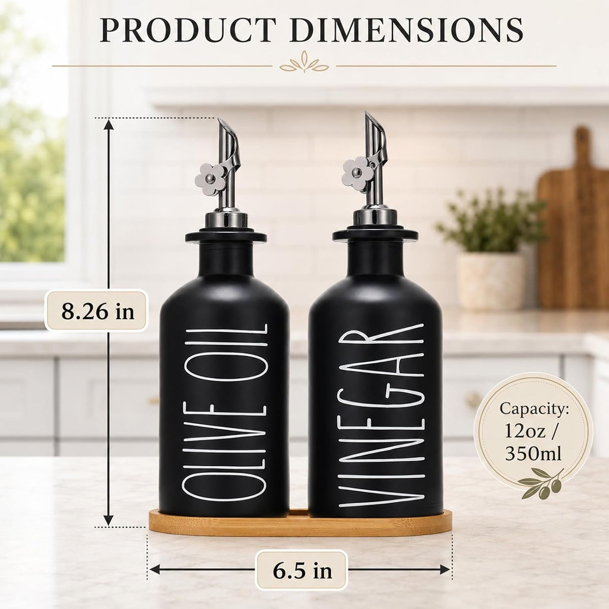 HOMCDALY Premium Olive Oil Dispenser for Kitchen, 11.8oz Glass Oil Bottles with Bamboo Tray, White Oil&Vinegar Cruet Set, Kitchen Dispenser Bottles with Pourer| Set of 2 (11.8oz –P–White)