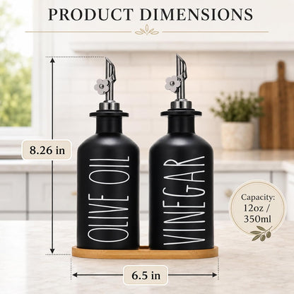 HOMCDALY Premium Olive Oil Dispenser for Kitchen, 11.8oz Glass Oil Bottles with Bamboo Tray, White Oil&Vinegar Cruet Set, Kitchen Dispenser Bottles with Pourer| Set of 2 (11.8oz –P–White)