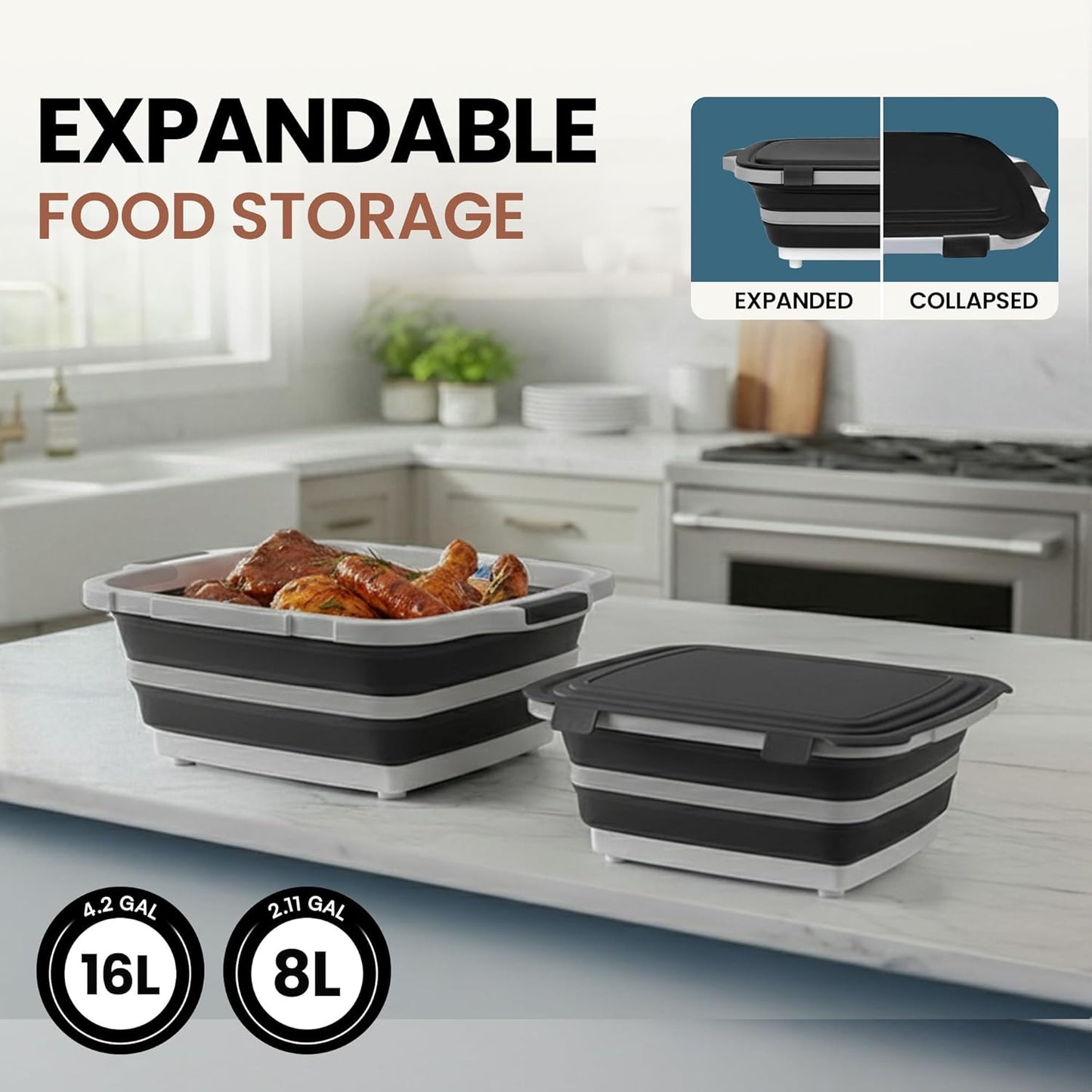 BBQ Prep Tub 2 Pack (8L+8L) - Multifunctional Collapsible Camping Cutting Board with Upgraded Locking Lid, Meal Prep Meat Storage Container Perfect for Grilling, Outdoor Cooking (Large x 2)