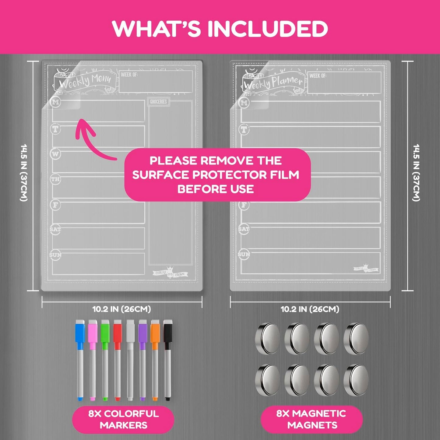 CHALKY CROWN Acrylic Magnetic Weekly Planner for Fridge - Menu Board for Kitchen with 8 Magnetic Markers - Weekly Meal Planner for Fridge with Grocery List & Notepad - Menu Planner (14.5x10.2)