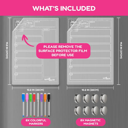 CHALKY CROWN Acrylic Magnetic Weekly Planner for Fridge - Menu Board for Kitchen with 8 Magnetic Markers - Weekly Meal Planner for Fridge with Grocery List & Notepad - Menu Planner (14.5x10.2)