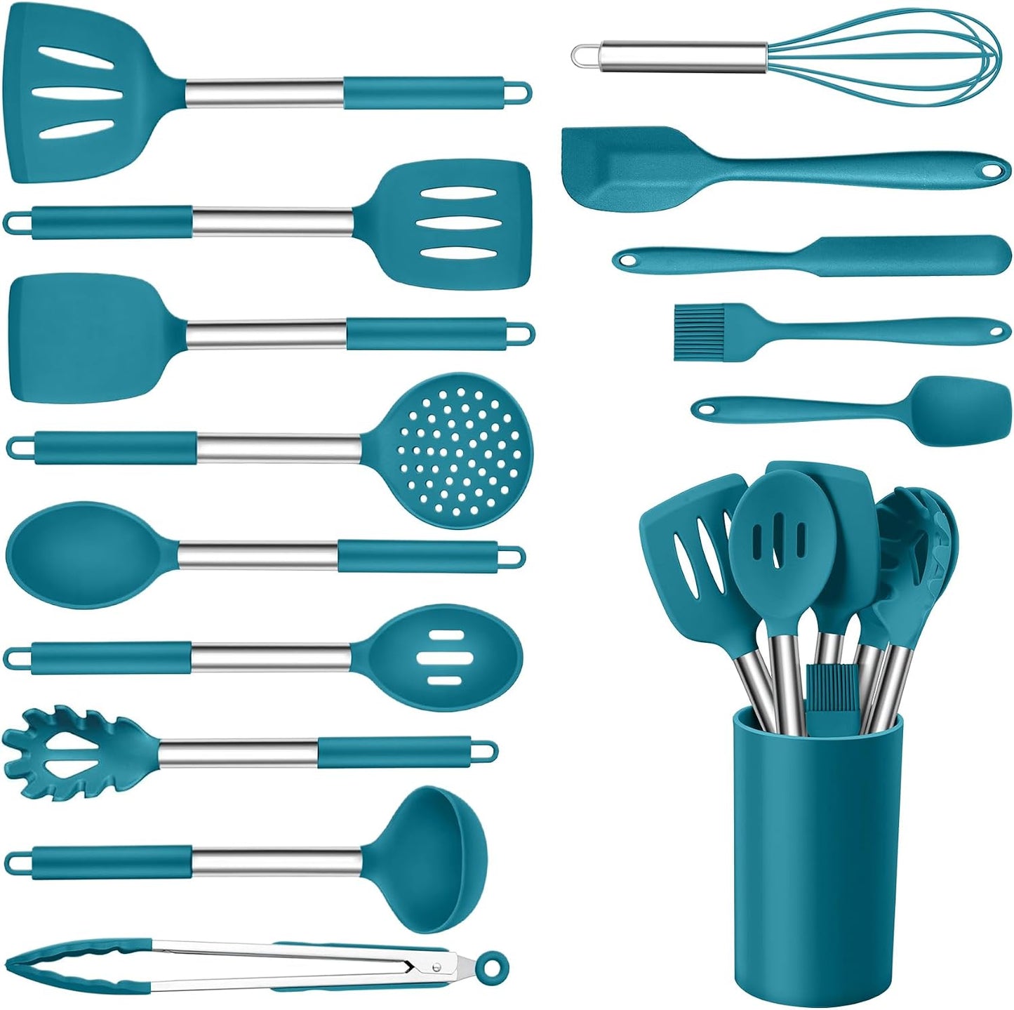 Onader Kitchen Utensils Set, 15 Pcs Silicone Cooking Utensils Set with Holder and Heat Resistant Stainless Steel Handle for Nonstick Cookware - Black