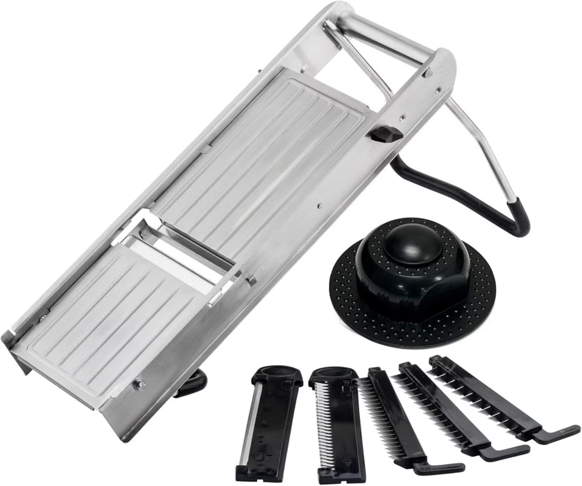 TableCraft 12629 Mandoline Slicer Set, Stainless Steel Adjustable Vegetable Slicer with 5 Interchangeable Blades, Non-Skid Folding Stand, Dishwasher Safe, Commercial Prep Tool