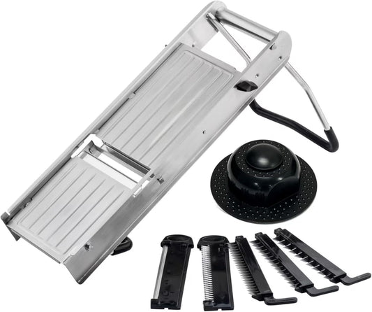 TableCraft 12629 Mandoline Slicer Set, Stainless Steel Adjustable Vegetable Slicer with 5 Interchangeable Blades, Non-Skid Folding Stand, Dishwasher Safe, Commercial Prep Tool