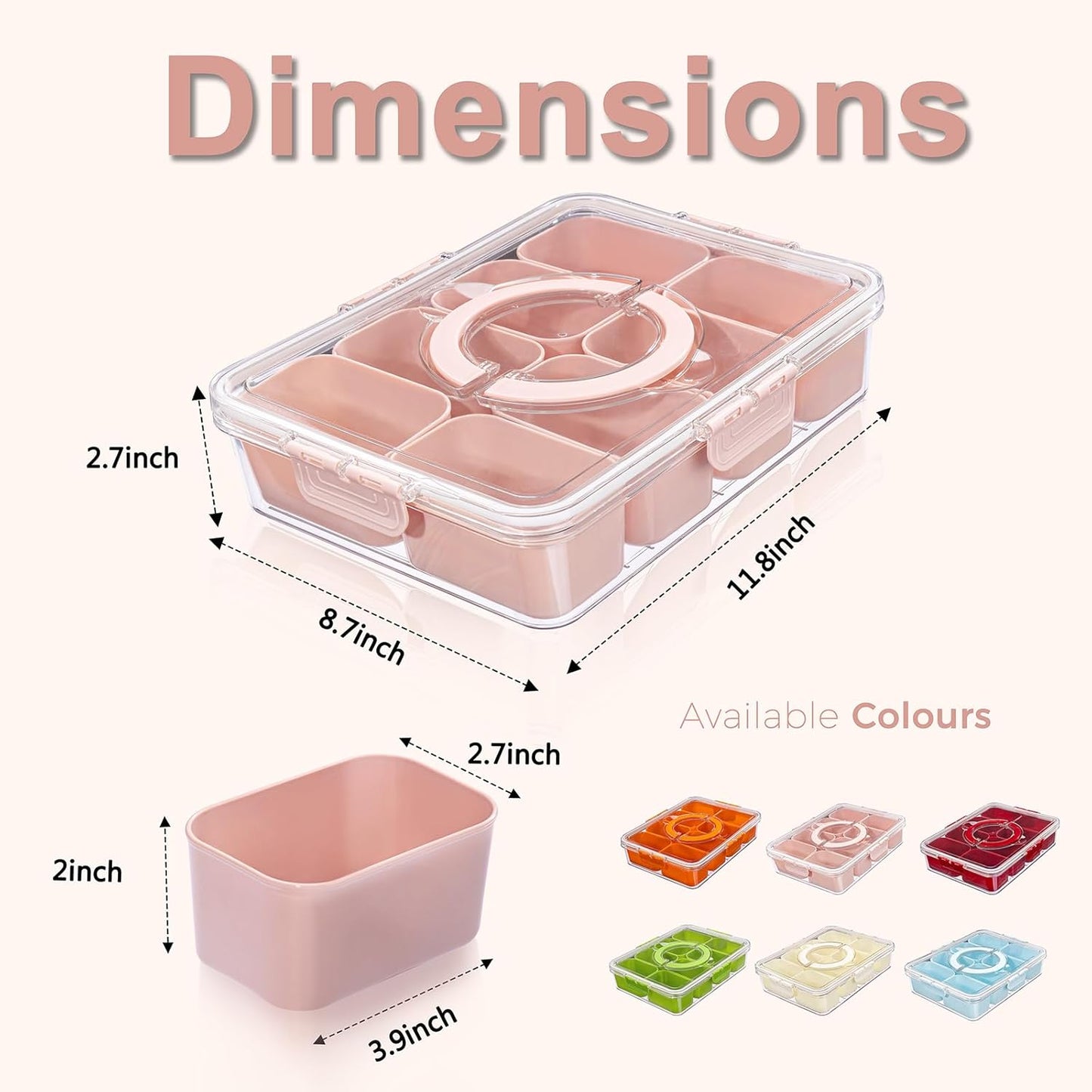 U-QE Dishwasher Safe Snackle Box Container with 8 Small Snacks Box - Premium Ivory Plastic Divided Serving Tray with Lid and Handle for Snack, Veggie, Fruits, Perfect for Party, Picnic, Entertaining