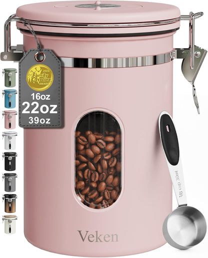 Veken Coffee Canister with Window, Family Choice Awards Winner, Airtight Stainless Steel Home Kitchen Food Storage Container with Lids for Grounds, Beans, Tea, Flour,Cereal,Sugar Jars,Scoop,16OZ,Black