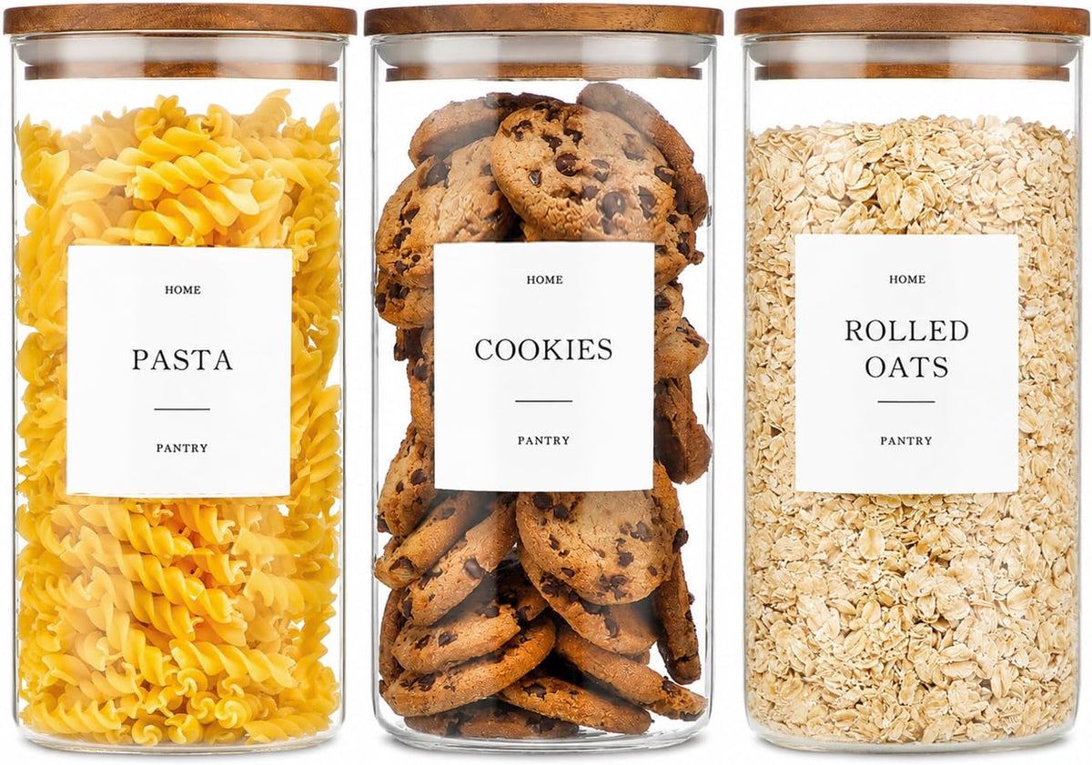 2 Pack Glass Rice Containers with Acacia Wood Lids, 70oz Airtight Flour and Sugar Jars with 105 Labels, Large Glass Pantry Storage Jars for Cereal, Protein Powder, Cookies, Dry Food