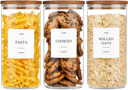 2 Pack Glass Rice Containers with Acacia Wood Lids, 70oz Airtight Flour and Sugar Jars with 105 Labels, Large Glass Pantry Storage Jars for Cereal, Protein Powder, Cookies, Dry Food
